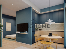 Salotto moderno con accenti blu e legno